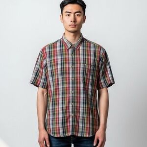 Duluth Men's XL Button Down SS Shirt‎ Red Blue Plaid EUC Cotton Breathable